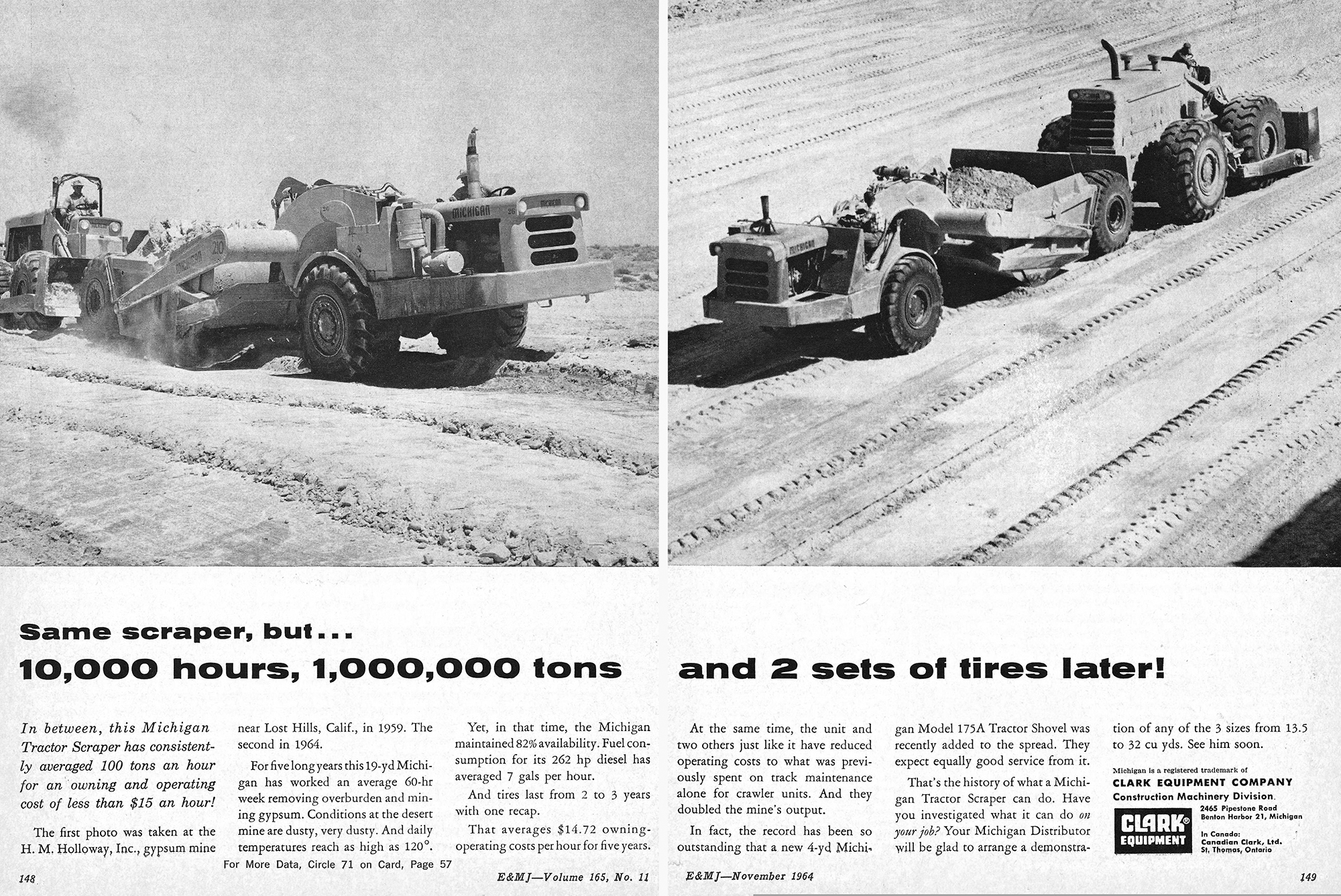 Clark Equipment ad from Engineering and Mining Journal in November 1964 highlights Holloway’s Lost Hills Mine